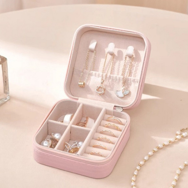 사각 휴대용 주얼리 목걸이 반지 보석함, 핑크, 1개