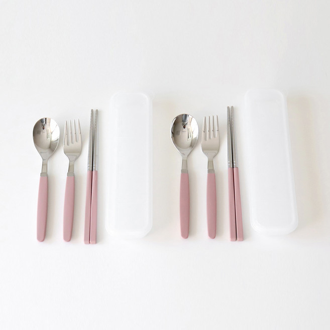 카모메키친 아동용 수저포크 세트, 인디핑크, 숟가락 + 젓가락 + 포크 + 케이스, 2세트