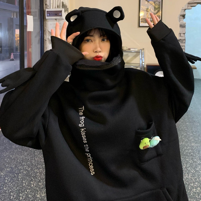 엘쏘 남녀공용 캐릭터 개구리 포켓 후드 긴팔 티셔츠