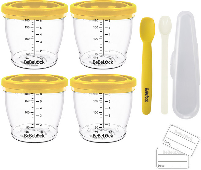 베베락 엘파 밀폐 이유식 용기 4p + 실리콘 스푼 1단계 + PP 스푼, 180ml, 머스타드, 1세트