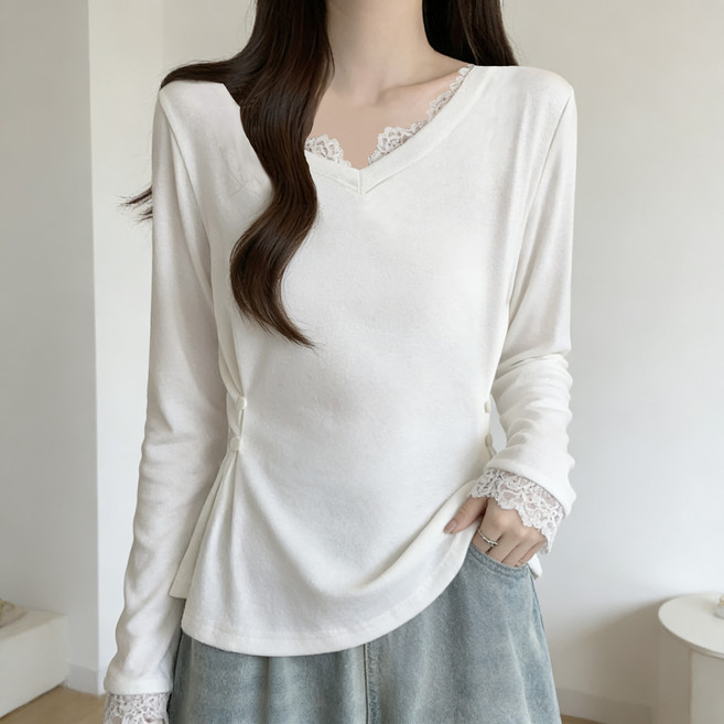 언헤브 여성용 브이넥 레이스업 티셔츠