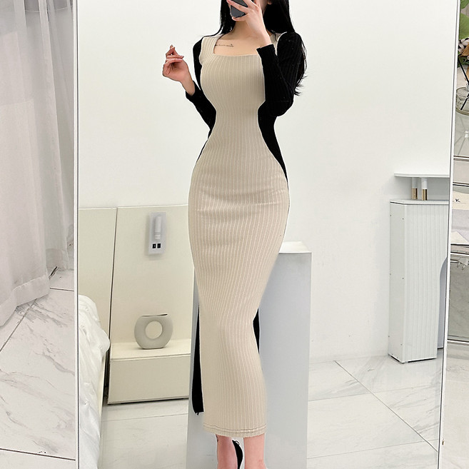 GLAM DIVV 첼론느 修身坑條針織線條長版洋裝 AG1135, 黑色 + 米色