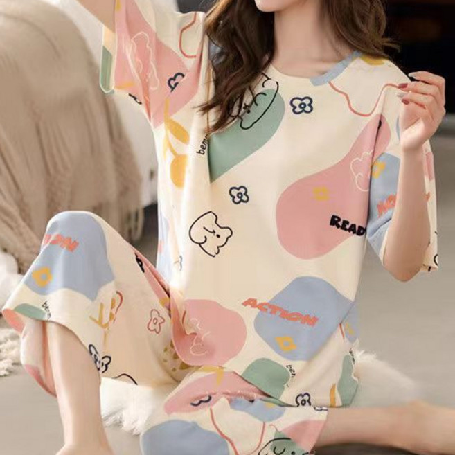 Elsso 女款短袖七分褲睡衣上下套裝