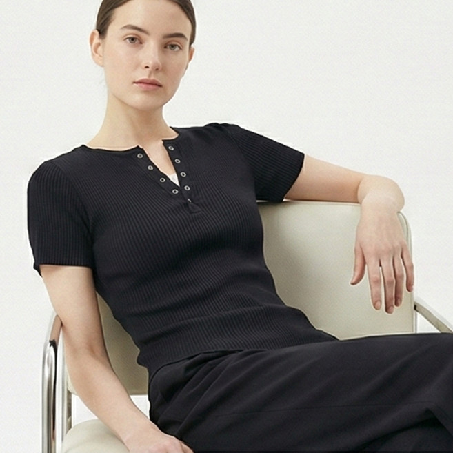 Sonio 女款亨利領排扣短袖針織衫