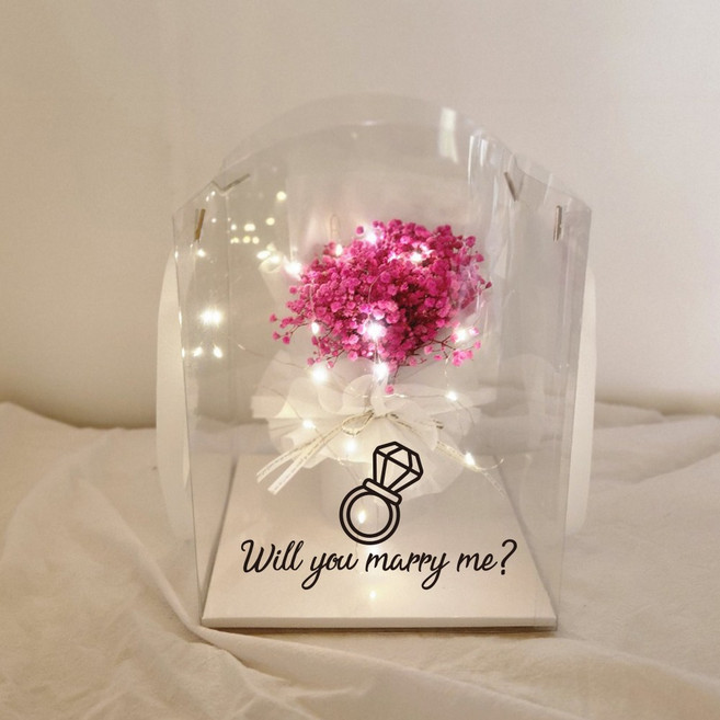 러블리팜 조화 프리저브드 안개꽃다발 투명케이스 LED조명세트, 핑크, 1개