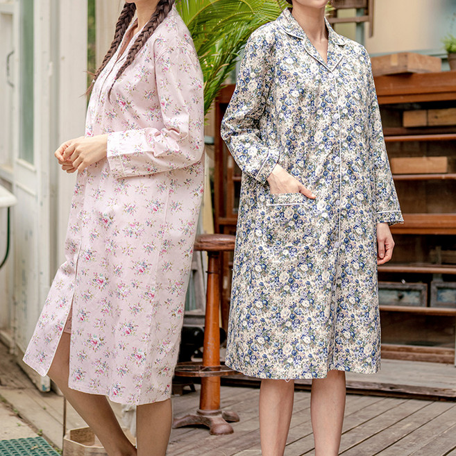 테라우드 여성용 통기성 로브 코튼 플라워 원피스 잠옷 2종 세트