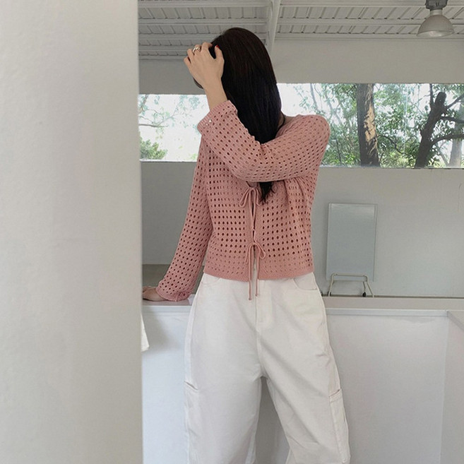 타니즈 여성용 모블릭 펀칭 그물 리본 긴팔 니트 가디건