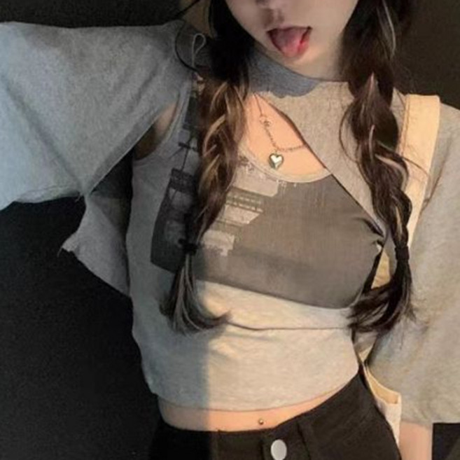 더플로우커머스 여성용 포인트 언발 레이어드 컷아웃 크롭 티셔츠