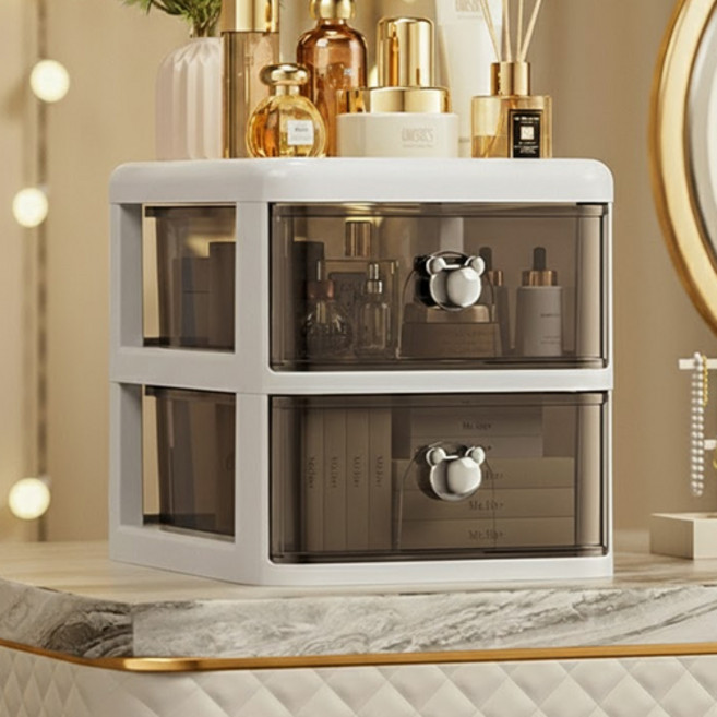 더플로우커머스 다층 투명 화장대 데스크 정리 수납함, 블랙, 2단