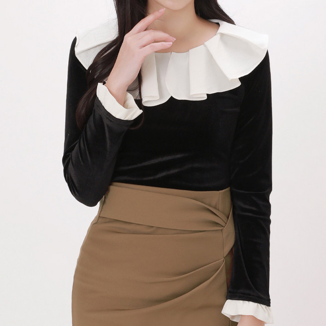 페이릿 여성용 슬림핏 프릴넥 벨벳 티셔츠