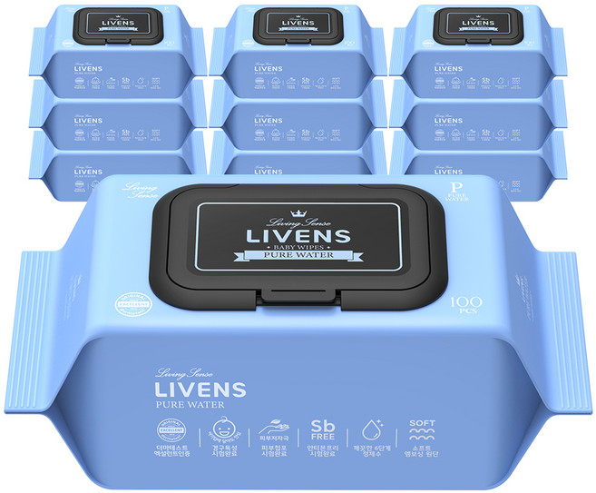 리벤스 퓨어워터 아기물티슈 엠보싱 캡형, 10개, 100매, 50g
