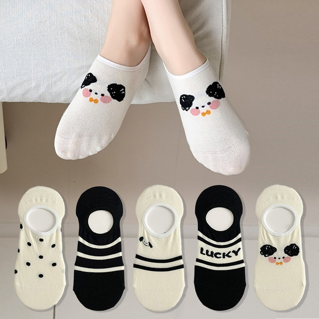 워더미 여성용 큐티 럭키 강아지 일러스트 블랙 화이트 덧신 5족 세트 W909