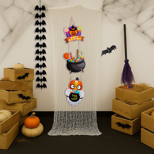 파티쇼 할로윈 입구 장식 가랜드 그물 박쥐모형 소형세트 배너호박유령B 빗자루퍼플, 혼합색상, 1세트