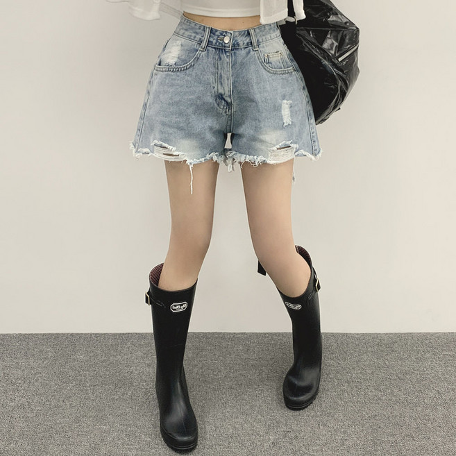 위드후이린 여성용 숏 포인트 찢청 데님 반바지