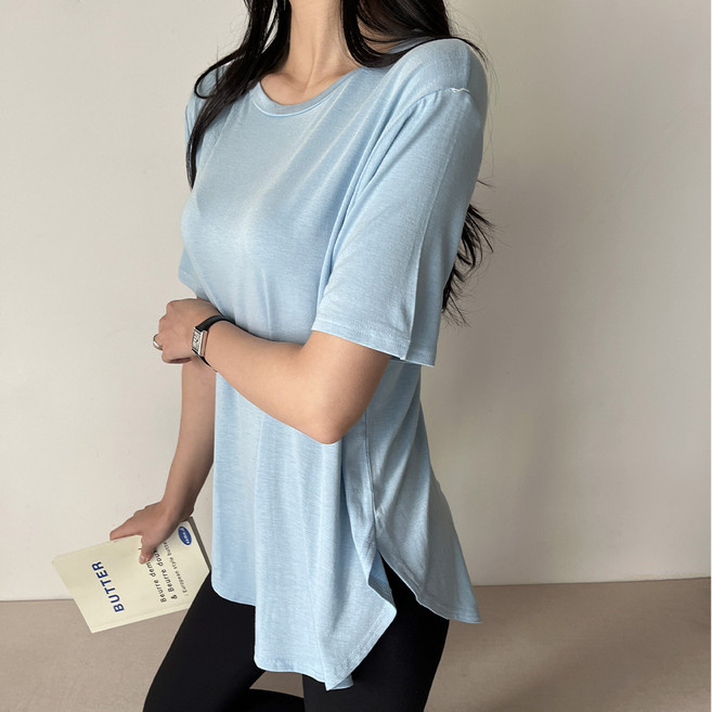투데이앤룩 여성용 푸딩 레이온 라운드 루즈핏 반팔 티셔츠