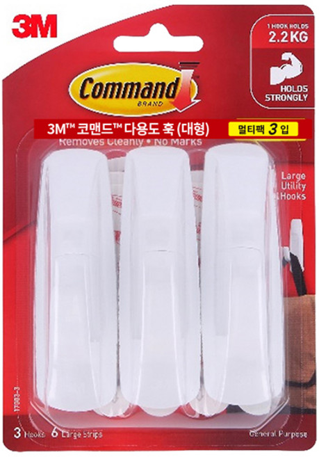 3M 코맨드 다용도 훅 대형 3P + 테이프 6장, 혼합색상, 1개