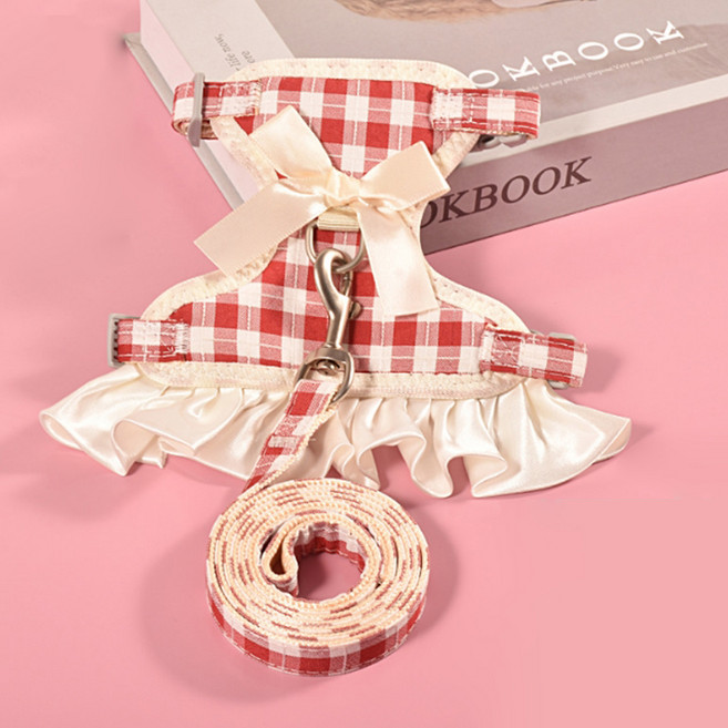 요런개 반려동물 체크체크 리본 하네스 + 리드줄, 04레드 체크, 1세트