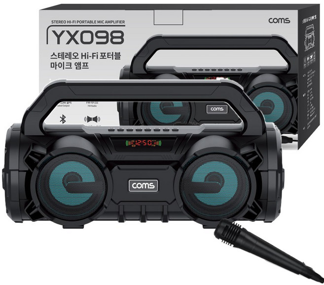 컴스 휴대용 블루투스 V5.0 스테레오 Hi Fi 포터블 앰프 20W + 기본형 유선 마이크 세트, YX098