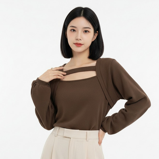 마켓피아 여성용 스퀘어넥 컷아웃 벌룬소매 긴팔티