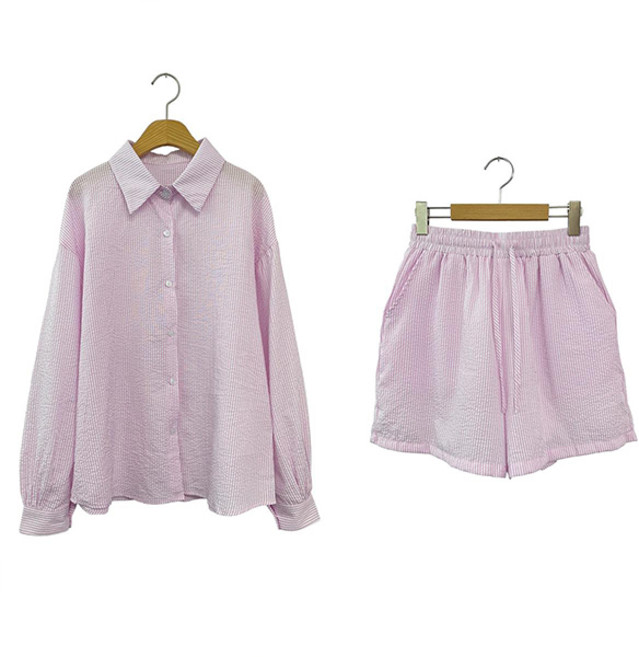 슈가펀 비크린 바스락 스트라이프 셔츠 + 반바지 세트