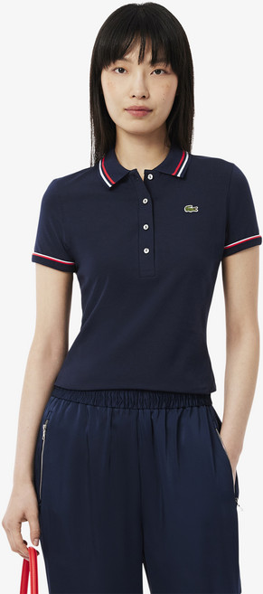 라코스테 여성용 컬러티핑 슬림핏 저지 폴로 반소매 티셔츠