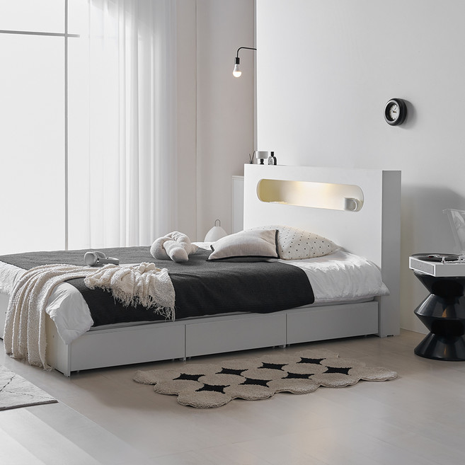 웰퍼니쳐 모화 LED 3단 수납형 침대프레임 단품 방문설치, 화이트