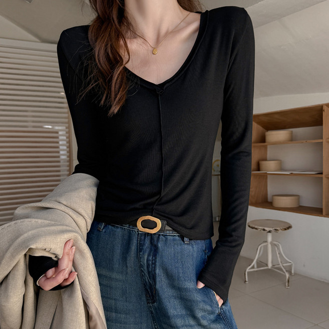 디멜디 여성용 봄이너 심플핏 브이넥 긴팔티셔츠