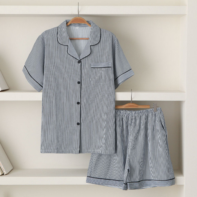 글램공감 커플용 요루 유리 스트라이프 반팔 투피스 파자마 상하의 세트