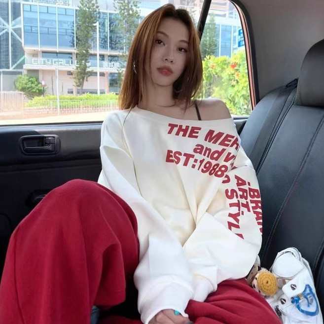 피어니스트 여성용 풀오버 오프숄더 레터링 맨투맨 긴팔티