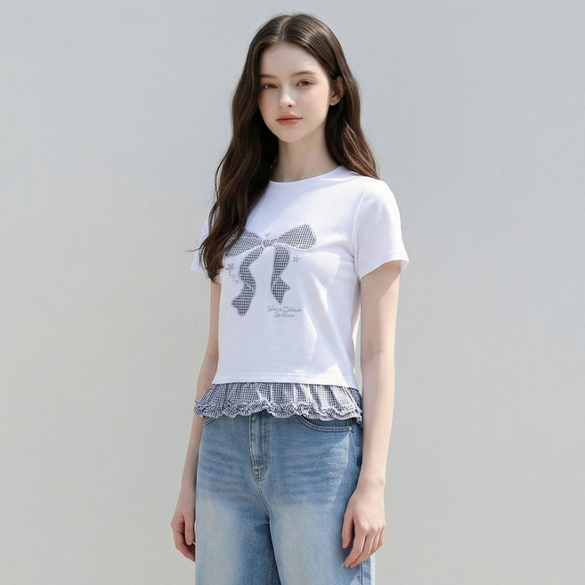 부루앤쥬디 여성용 체크리본 패치 티셔츠 BOSETS511B