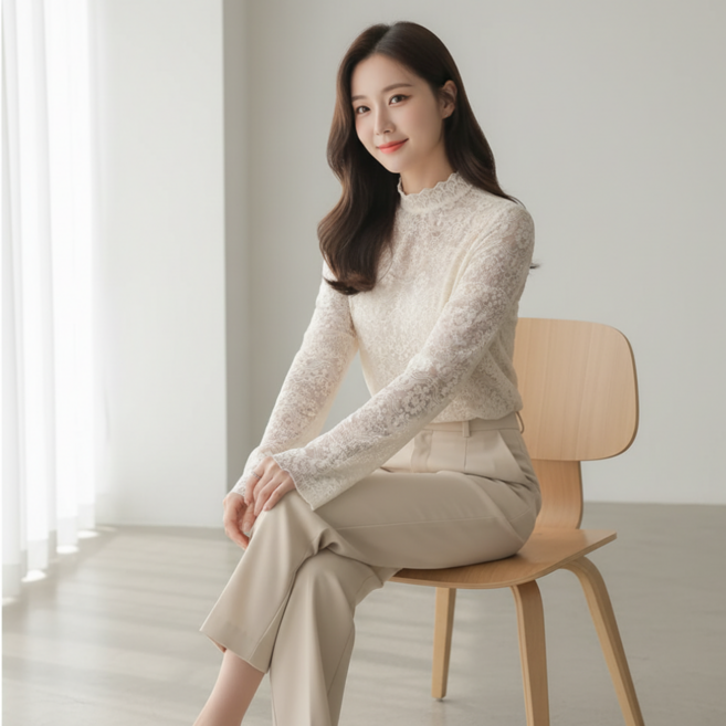 Goodif 女款花朵高領透視蕾絲可愛罩衫