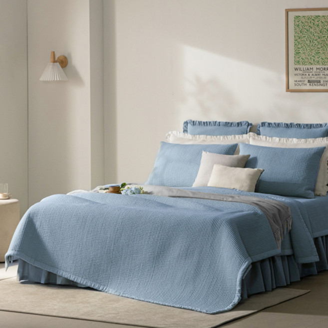 보몽드 고온에 삶은 사계절 피그먼트 60수 아사 순면 줄누비 스프레드 이불 겸 패드, 블루