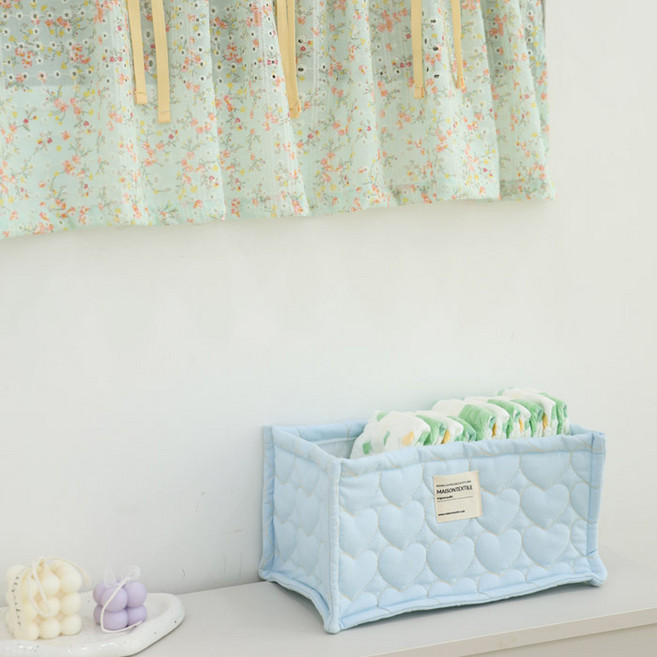 하트봉봉 누빔 다용도 수납 패브릭바구니, 스카이블루, 1개