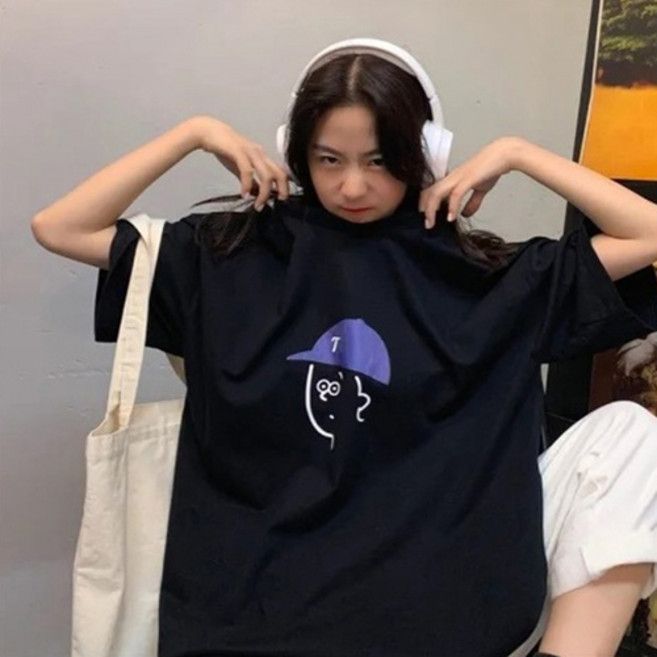 디멜디 여성용 오버핏 캐릭터 그래픽 반팔 티셔츠