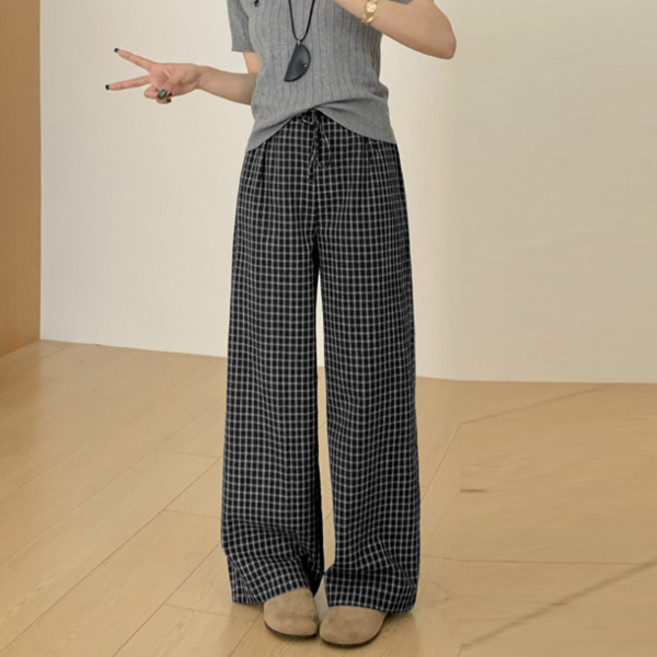 PEONIST 女款長版/基本格紋休閒穿搭寬褲