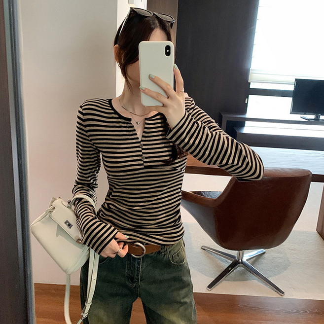 디멜디 여성용 슬림핏 스트라이프 버튼 이너 긴팔티셔츠