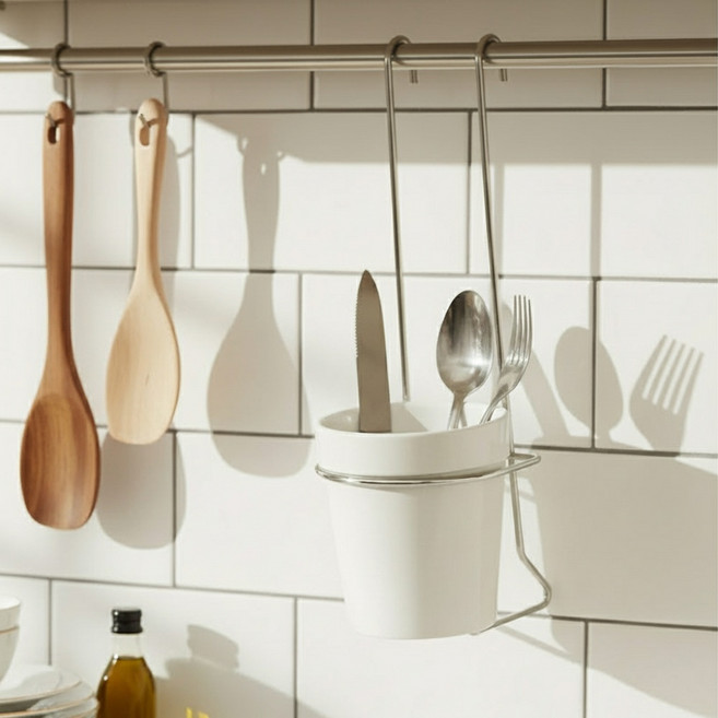 퍼스트리빙 걸이형 물빠짐 도자기 수저통 L, 화이트, 1개