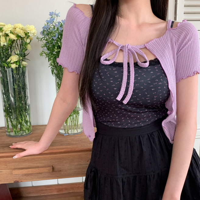 라라온 여성용 플라워 패턴 캡나시 리본 레이스 슬리브리스 26TSP3861