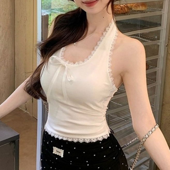 I'M MONG 女款修身掛脖蕾絲飾邊蝴蝶結無袖T恤 R6H242