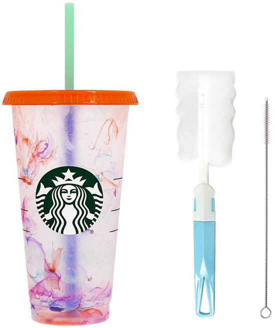 STARBUCKS 星巴克 大理石紋繽紛變色可重複使用冷飲杯 + 清洗刷套組, 混色(冷飲杯), 隨機出貨(清洗刷), 710ml, 1個