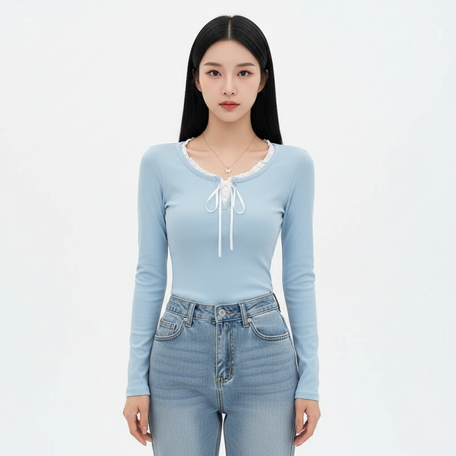 Marketpia 女款修身蝴蝶結荷葉邊領長袖T恤
