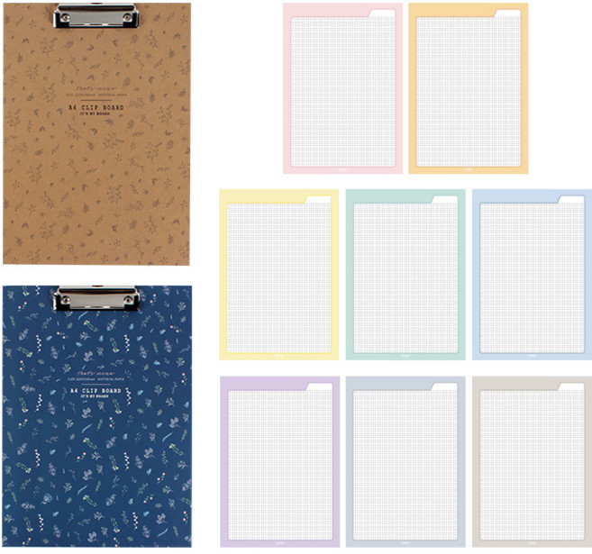 톡톡팬시 플라워 클립보드 2종 + 레인보우 노트패드 B5 2종 세트, 브라운, 네이비(클립보드), 랜덤발송(노트패드), 1세트