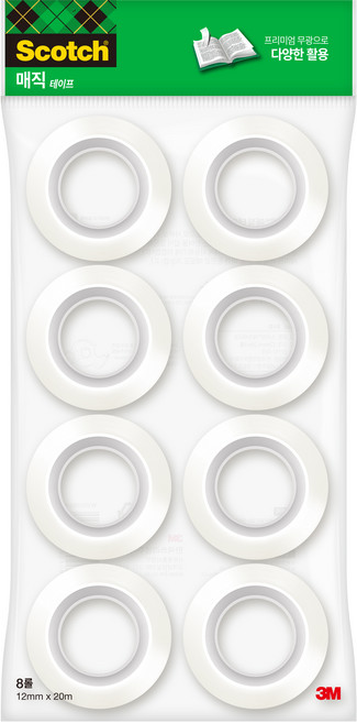 쓰리엠 스카치 매직 테이프 리필 12mm x 20m 8롤, 1개, 반투명