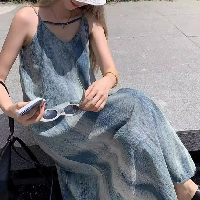 아이엠몽 여성용 루즈핏 슬리브리스 워싱 롱 원피스 R6H172