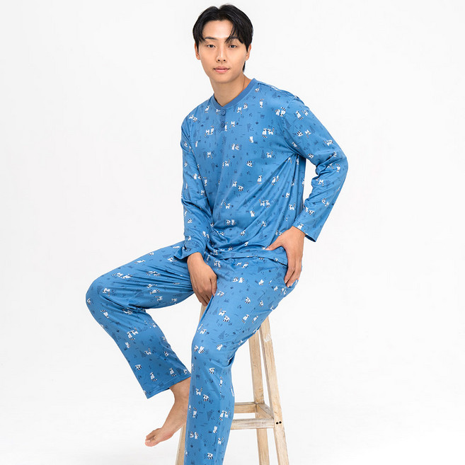 AONE FASHION 男性用蜜桃絨混搭圖案睡衣上下套裝 42MS