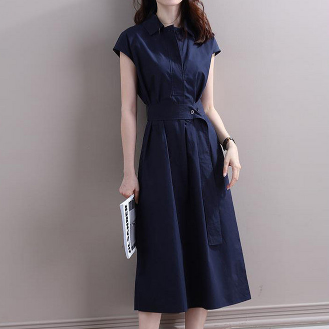 Elsso 婚禮賓客穿搭 春夏無袖中長版襯衫洋裝 含大尺碼, 海軍藍
