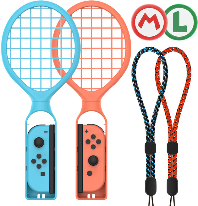 스페이스쉴드 플레이핏 스포츠 피버 테니스 라켓 2종 + 슈퍼 머쉬룸 스틱캡 2종 세트, 레드, 그린(스틱캡), 1세트, 닌텐도 스위치 OLED 조이콘