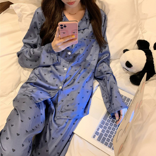 안나앤코 여성용 하트도트 실크 긴팔 파자마 상하의 세트