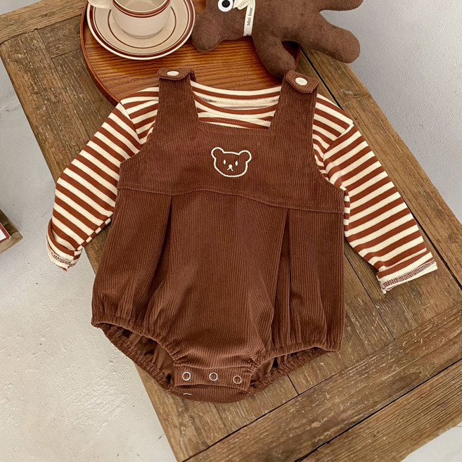 스타도어 스트라이프 미니곰 긴팔 멜빵 세트