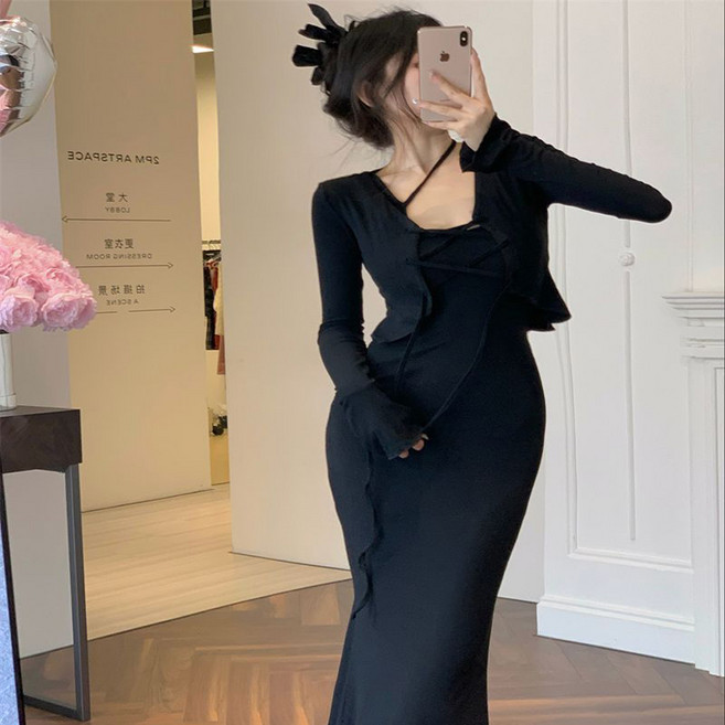 피어니스트 슬림핏 머메이드 스트랩 가디건 원피스